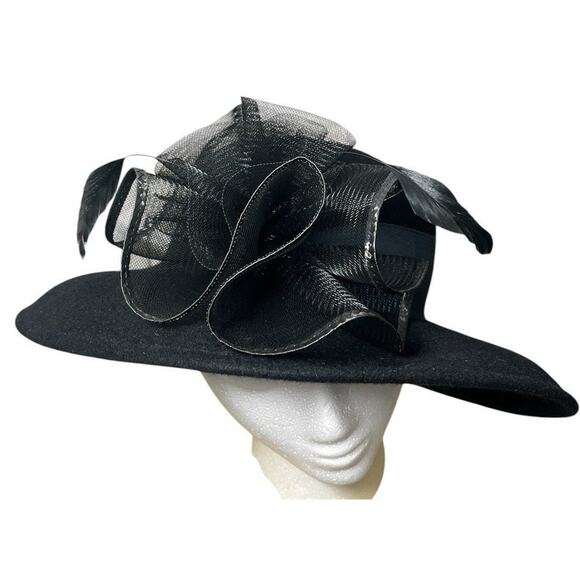 Kentucky Derby Millinery Hat Black Church Feathers Embellished Wide Kathy Jeanne main image 7